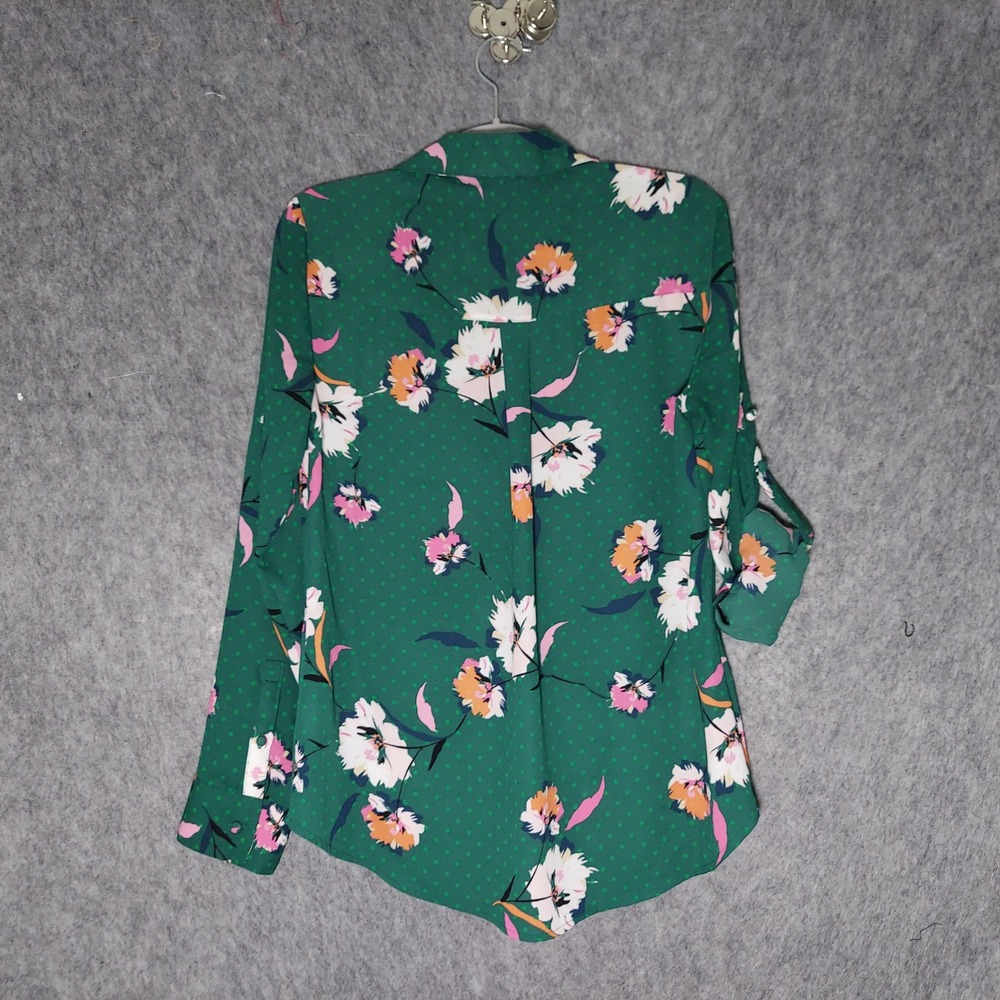 Express Womens Portofino Blouse S Green Floral Polka Dot Slim Roll Tab Top - Picture 5 of 8
